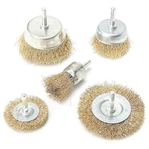 Inditrust Brass Coated Wire Brush Wheel & Cup Brush Set (5 Pcs) | 1/4-Inch Shank Drill Brush Set | Multi-Size Cleaning & Rust Removal Wire Brushes for Metal, Wood & DIY Use (Golden) - Image 1