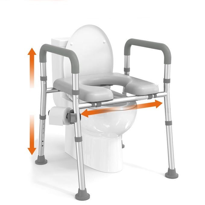 TOILET SEAT RISER FOR SENIORS RUGGED ALUMINUM ALLOY ANTISLIP TOILET SEAT WITH HANDRAIL DUAL WAY ADJUSTABLE HEIGHT AND WIDTH DESIGN UNIVERSAL TOILET SEAT RISER WITH HANDRAIL