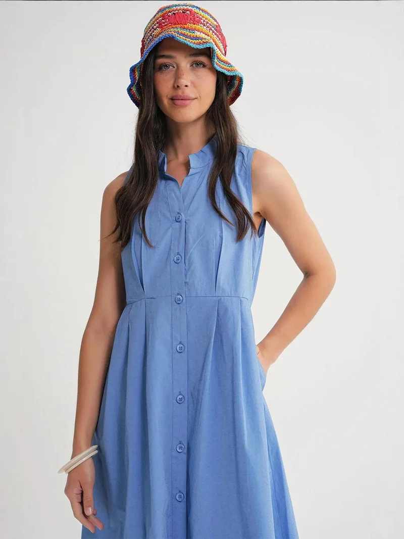 MixRay Maya Blue Mixray Buttoned Tippet Collar Maxi Dress for Women | Best Price UAE