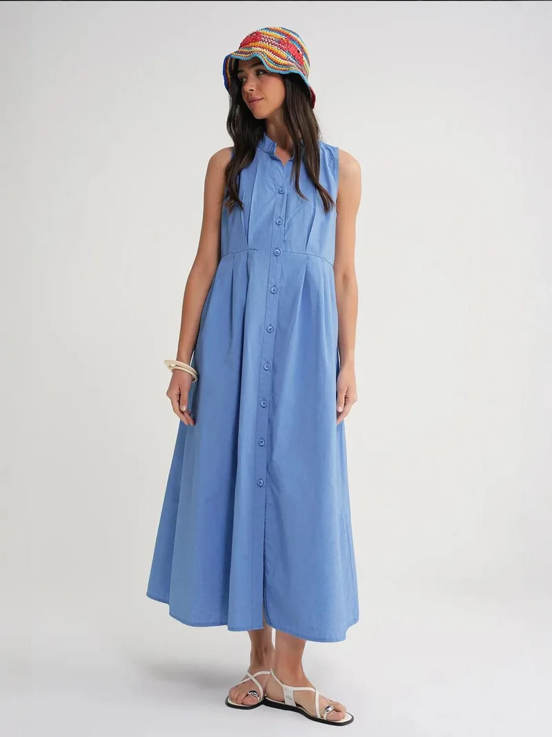 MixRay Maya Blue Mixray Buttoned Tippet Collar Maxi Dress for Women | Best Price UAE