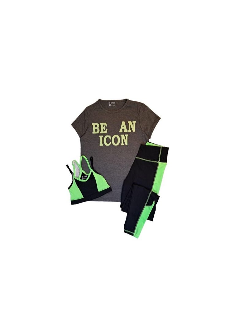 Girls' sport set of 3 pieces, a gray T-shirt, black * green pants and a bra  - Image 1