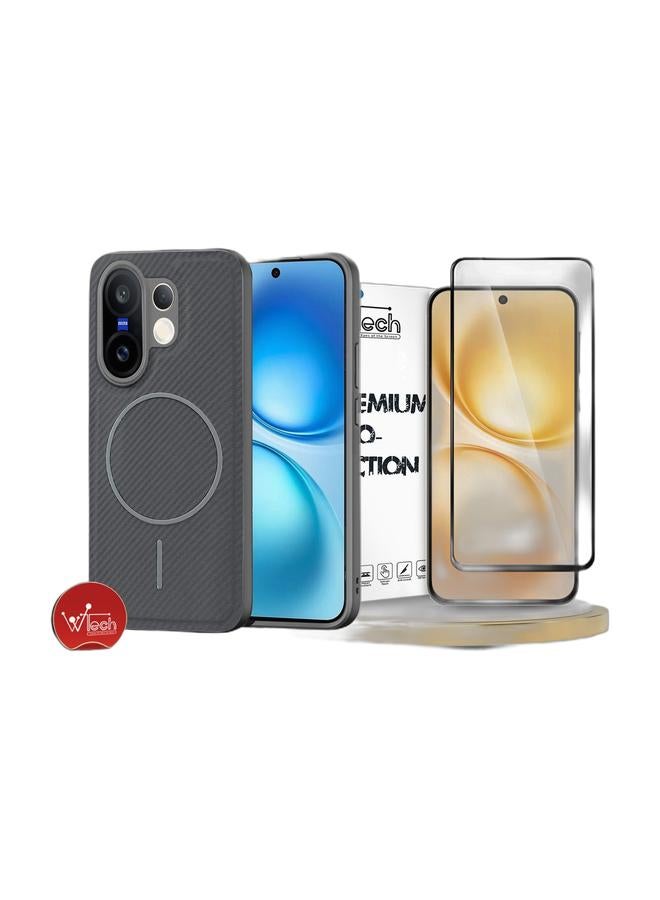Wtech vivo X200 FE 5G 2025 Soft Silicone Carbon Fiber Magsafe Protective Back Case Cover (MCFPSN) - Grey & vivo X200 FE 5G 2025 Premium E2E Series Full Glue Full Cover Tempered Glass Screen Protector (MSGECN) - Clear/Black Bundle - Image 1