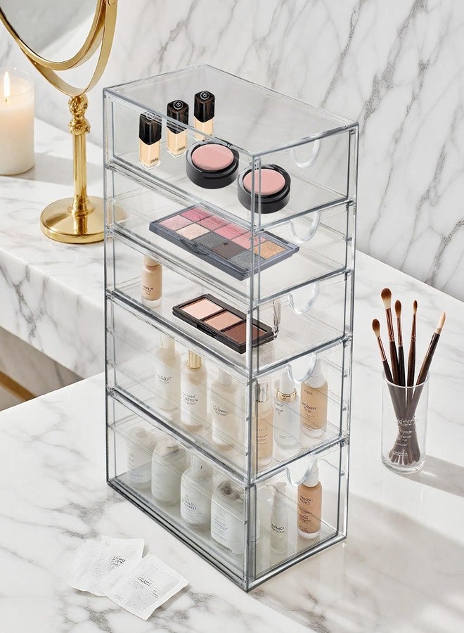 Prsildan Acrylic Drawer Makeup Organizer with 5 Drawers, Hair Accessories Organizer, Office Desk Organization, Clear Stackable Storage Drawers for Vanity, Countertop, Craft, Jewelry - Image 2