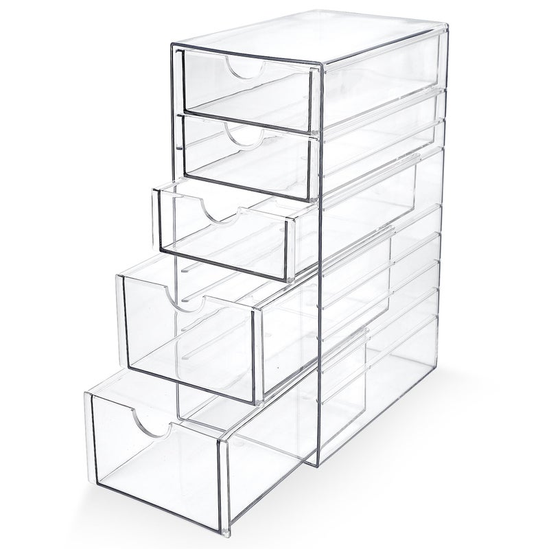 Prsildan Acrylic Drawer Makeup Organizer with 5 Drawers, Hair Accessories Organizer, Office Desk Organization, Clear Stackable Storage Drawers for Vanity, Countertop, Craft, Jewelry - Image 1