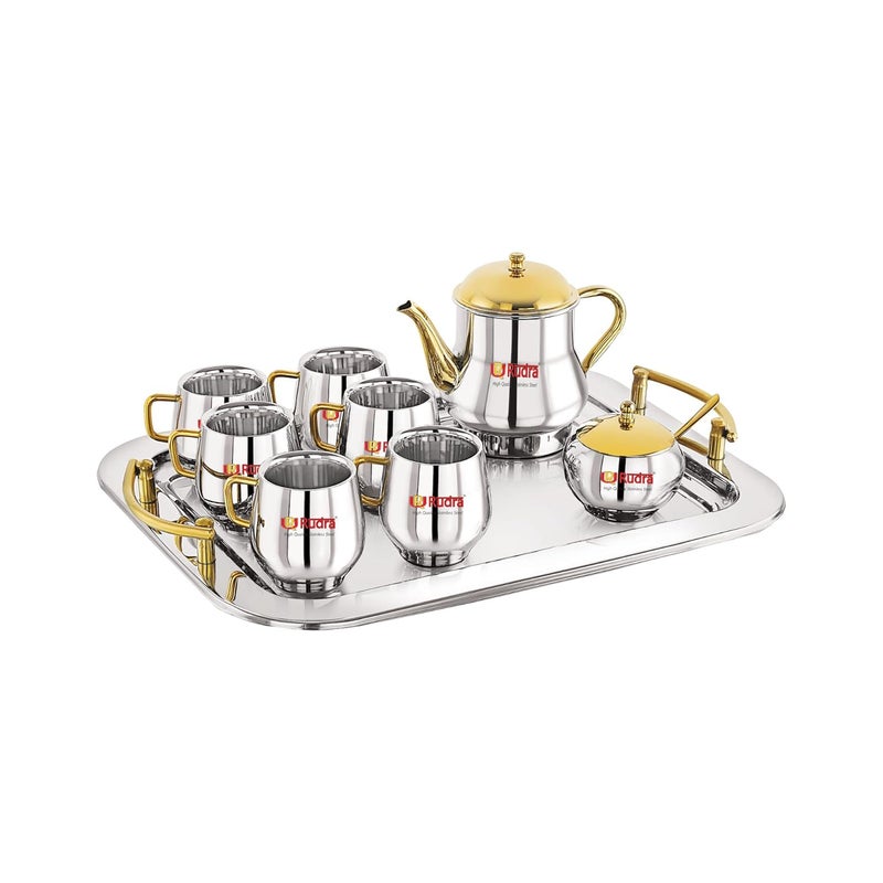 Rudra Stainless Steel Tea Set Gold with Kettle Microwave Safe Coffee Mugs for Hot Cold Drinks Gift for Diwali Birthday Anniversary Family Friends Stylish Durable - Image 1