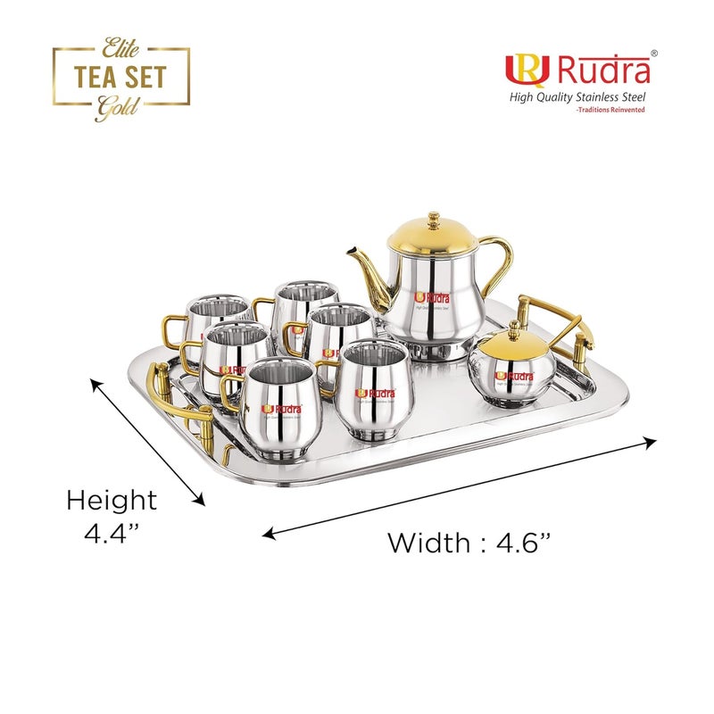 Rudra Stainless Steel Tea Set Gold with Kettle Microwave Safe Coffee Mugs for Hot Cold Drinks Gift for Diwali Birthday Anniversary Family Friends Stylish Durable - Image 2