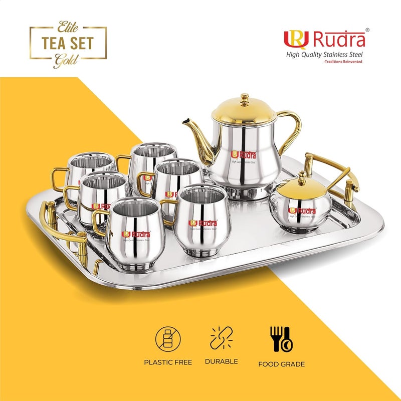 Rudra Stainless Steel Tea Set Gold with Kettle Microwave Safe Coffee Mugs for Hot Cold Drinks Gift for Diwali Birthday Anniversary Family Friends Stylish Durable - Image 5