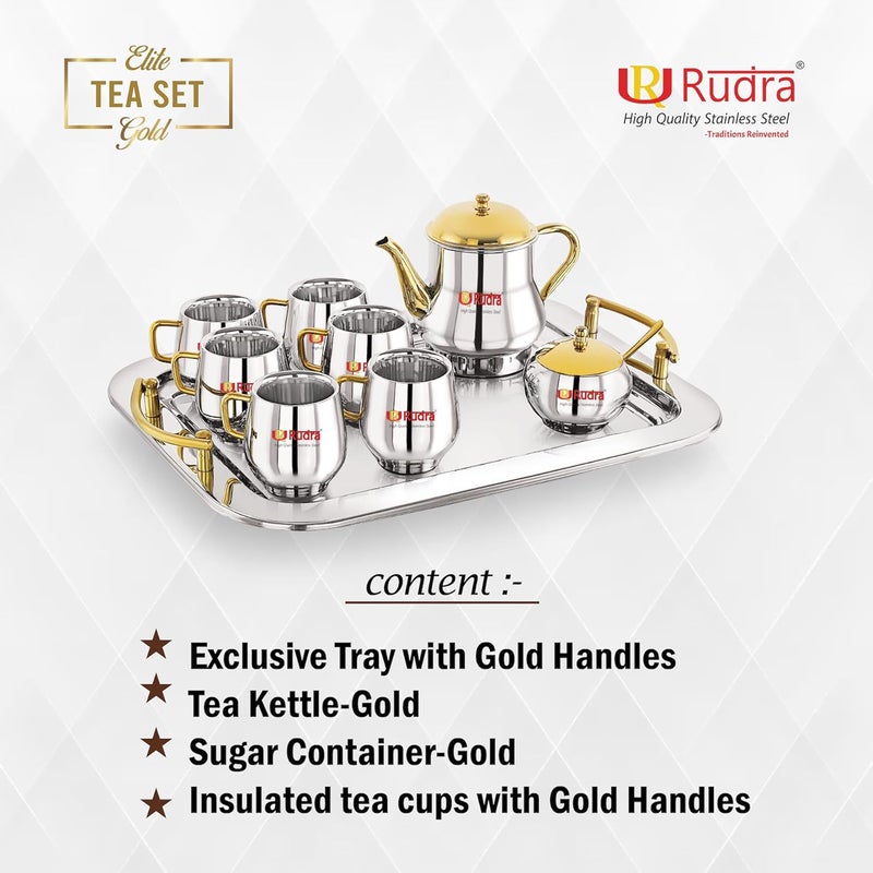Rudra Stainless Steel Tea Set Gold with Kettle Microwave Safe Coffee Mugs for Hot Cold Drinks Gift for Diwali Birthday Anniversary Family Friends Stylish Durable - Image 3