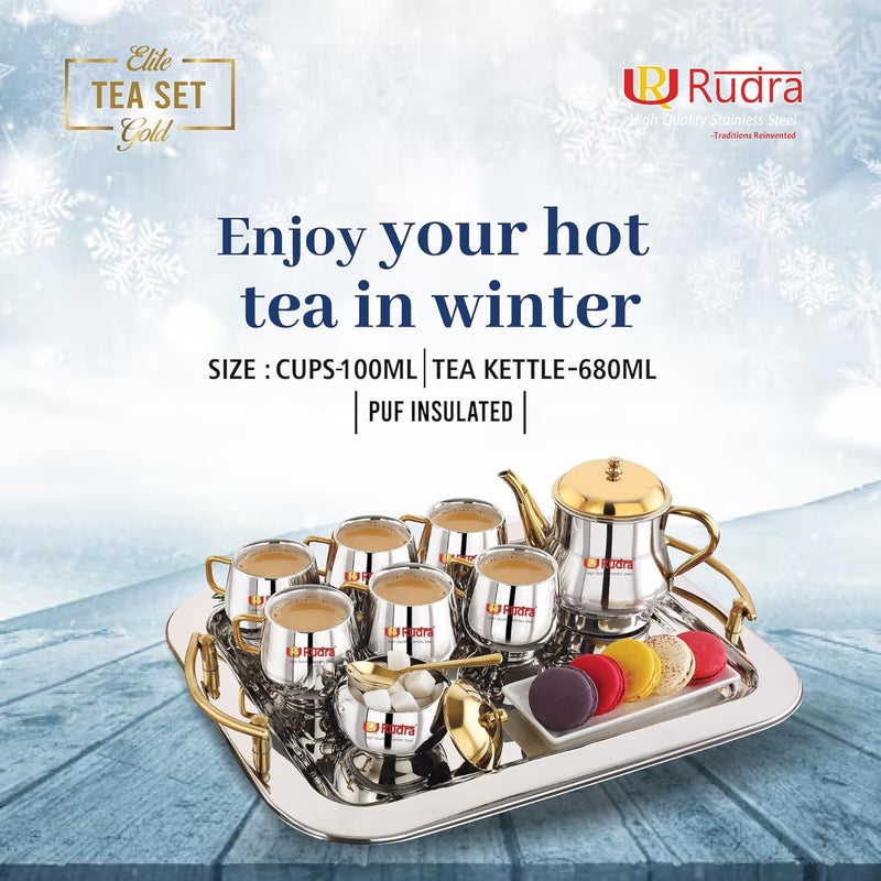 Rudra Stainless Steel Tea Set Gold with Kettle Microwave Safe Coffee Mugs for Hot Cold Drinks Gift for Diwali Birthday Anniversary Family Friends Stylish Durable - Image 4