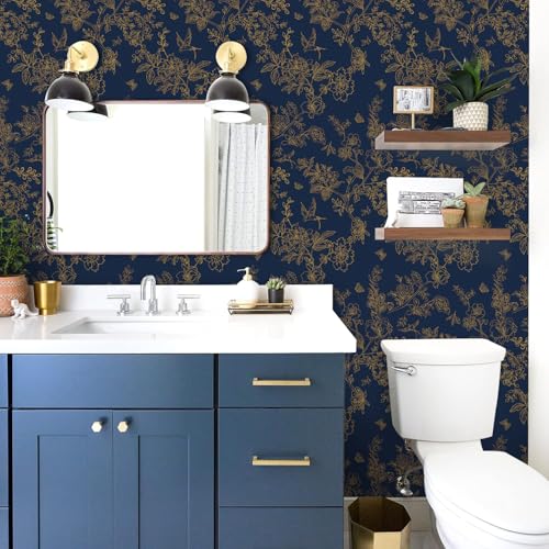 Froluya Dark Blue and Gold Vintage Floral Peel and Stick Wallpaper 17.7"x118.1" Dark Blue Floral Wallpaper Peel and Stick Removable Self Adhesive Wall Paper for Bathroom Bedroom Decorative Vinyl - Image 5