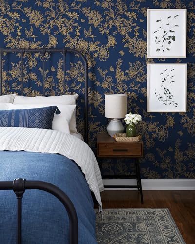 Froluya Dark Blue and Gold Vintage Floral Peel and Stick Wallpaper 17.7"x118.1" Dark Blue Floral Wallpaper Peel and Stick Removable Self Adhesive Wall Paper for Bathroom Bedroom Decorative Vinyl - Image 2
