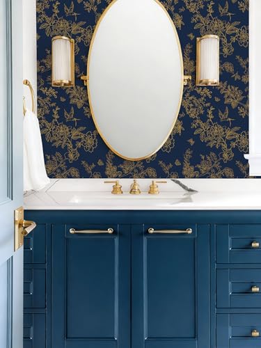 Froluya Dark Blue and Gold Vintage Floral Peel and Stick Wallpaper 17.7"x118.1" Dark Blue Floral Wallpaper Peel and Stick Removable Self Adhesive Wall Paper for Bathroom Bedroom Decorative Vinyl - Image 4