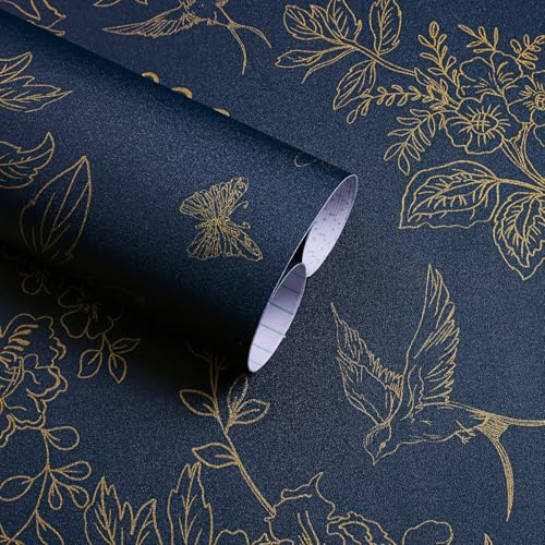 Froluya Dark Blue and Gold Vintage Floral Peel and Stick Wallpaper 17.7"x118.1" Dark Blue Floral Wallpaper Peel and Stick Removable Self Adhesive Wall Paper for Bathroom Bedroom Decorative Vinyl - Image 1