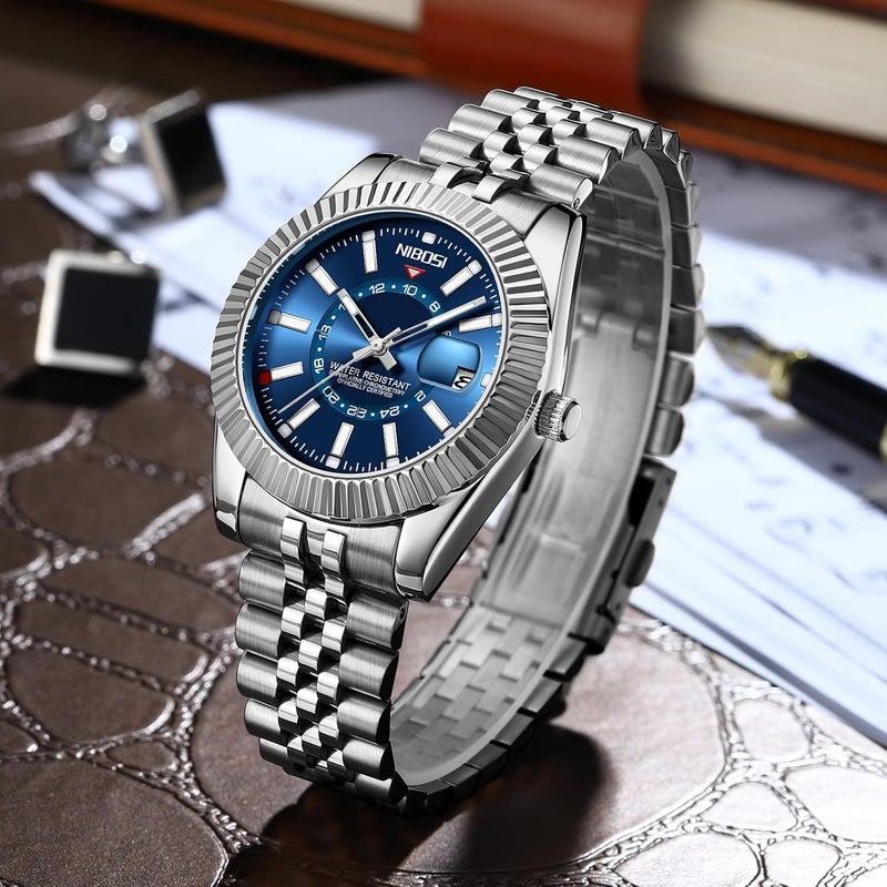 NIBOSI Men's Analog Minimalist Business Watch with Chronograph and Date - Stainless Steel Strap, Water Resistant, Silver Blue - Image 3