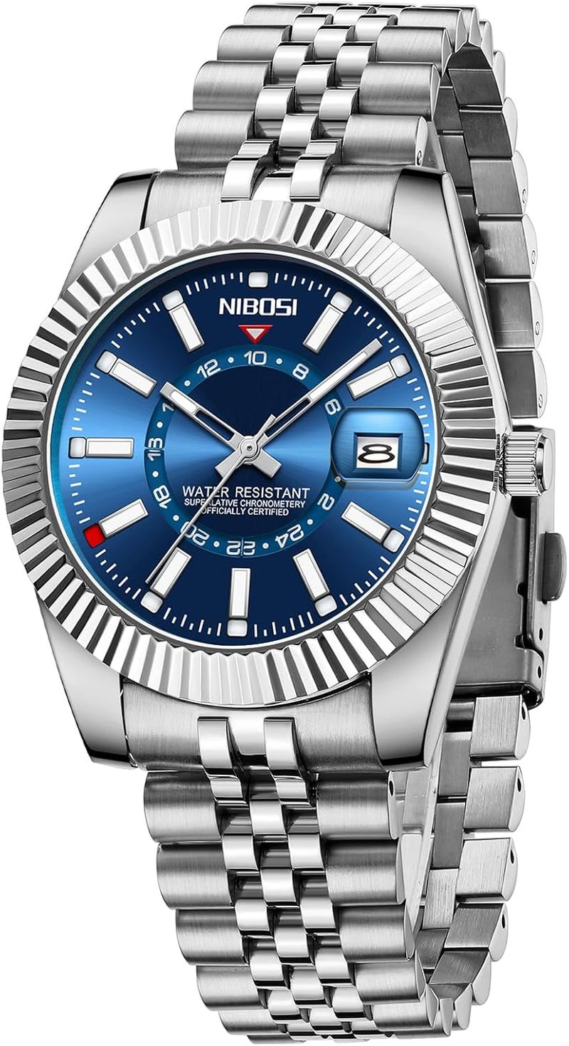 NIBOSI Men's Analog Minimalist Business Watch with Chronograph and Date - Stainless Steel Strap, Water Resistant, Silver Blue - Image 1
