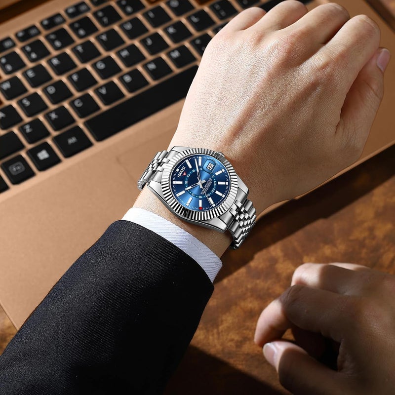 NIBOSI Men's Analog Minimalist Business Watch with Chronograph and Date - Stainless Steel Strap, Water Resistant, Silver Blue - Image 5