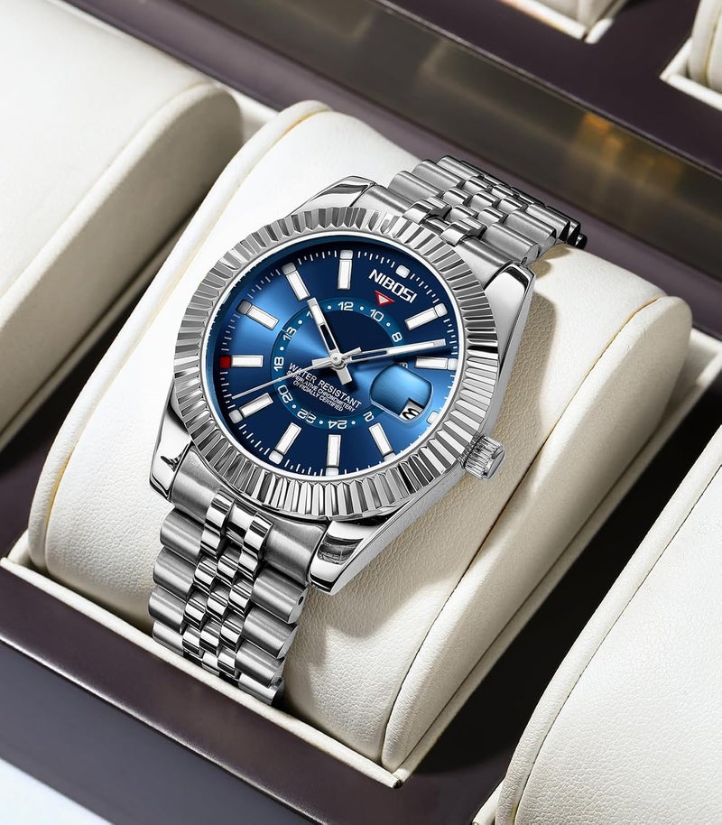 NIBOSI Men's Analog Minimalist Business Watch with Chronograph and Date - Stainless Steel Strap, Water Resistant, Silver Blue - Image 2