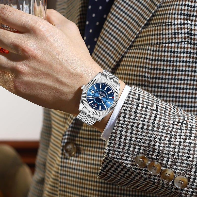 NIBOSI Men's Analog Minimalist Business Watch with Chronograph and Date - Stainless Steel Strap, Water Resistant, Silver Blue - Image 4