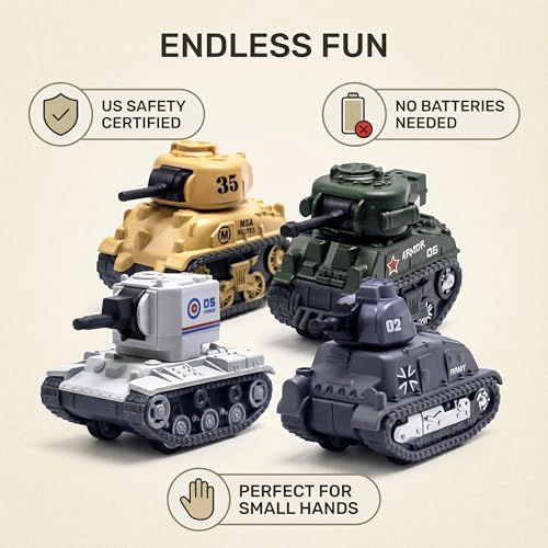 Ai-Fun 4PCS Pull Back Mini Tank Toy Car - Army Vehicle Military Toys, Die-Cast Battle Model for Kids, Durable Play Vehicle (Solid Color) - Image 2