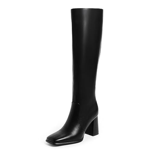 Modatope Black Knee High Boots for Women Chunky Heel Square Toe Fall Boots High Heel Side Zipper Tall Boot Womens Size 6.5 - Image 1