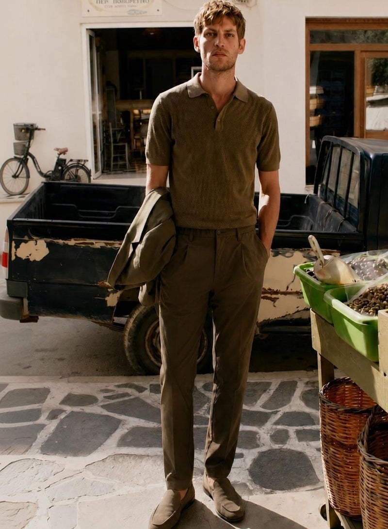 Dennis Lingo Men Olive Poly Solid Full Chinos Tapered Trouser - Image 1
