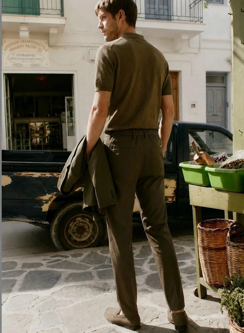 Dennis Lingo  Men Olive Poly Solid Full Chinos Tapered Trouser for Men | Best Price UAE