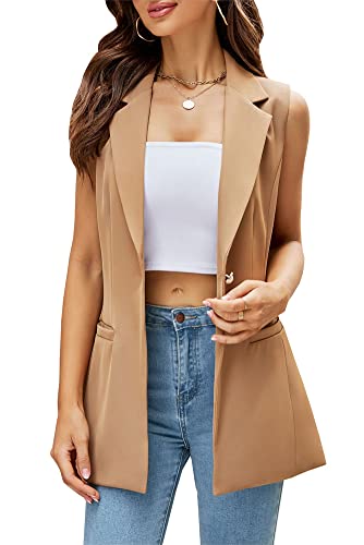Kedera Women's Long Sleeveless Duster Trench Vest Casual Lapel Office Blazer Jacket Brown - Image 1