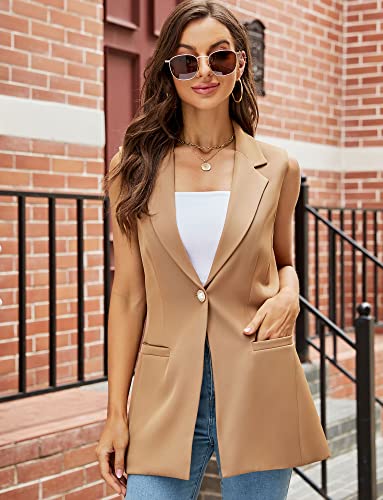 Kedera Women's Long Sleeveless Duster Trench Vest Casual Lapel Office Blazer Jacket Brown - Image 5