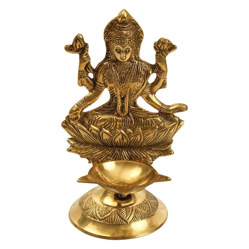 Spillbox Traditional Brass Diya for Puja | Pooja Aarti | Arti Deepak Deepam Oil Lamp for Home Temple Puja Articles Decor Gift Shree Lakshmi Deepam/ Kamatchi Devi| Handcrafted - Lakshmi Diya - Image 4