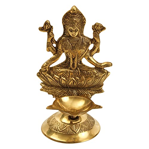 Spillbox Traditional Brass Diya for Puja | Pooja Aarti | Arti Deepak Deepam Oil Lamp for Home Temple Puja Articles Decor Gift Shree Lakshmi Deepam/ Kamatchi Devi| Handcrafted - Lakshmi Diya - Image 1