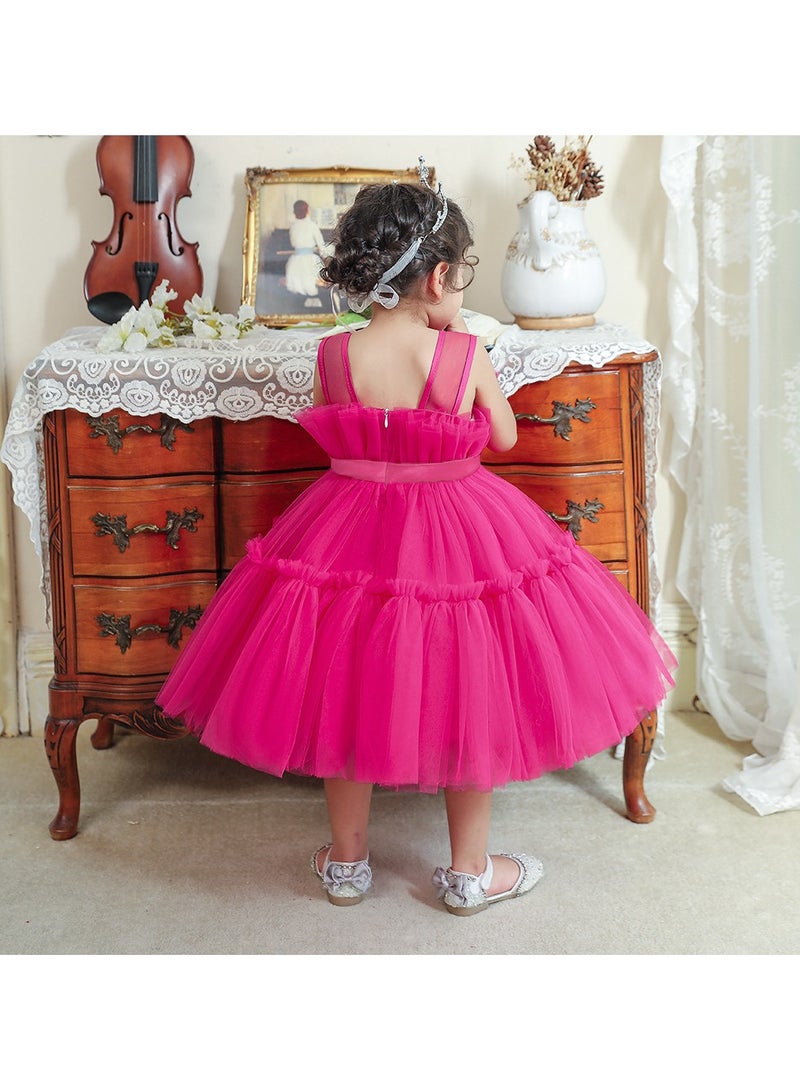 2-3Y Toddler Girl Princess Dress, Pink Sleeveless Pageant Gown with Pleated Bodice and Bow, Elegant Eid Birthday Wedding Outfit for 90cm Baby Girl  - Image 5