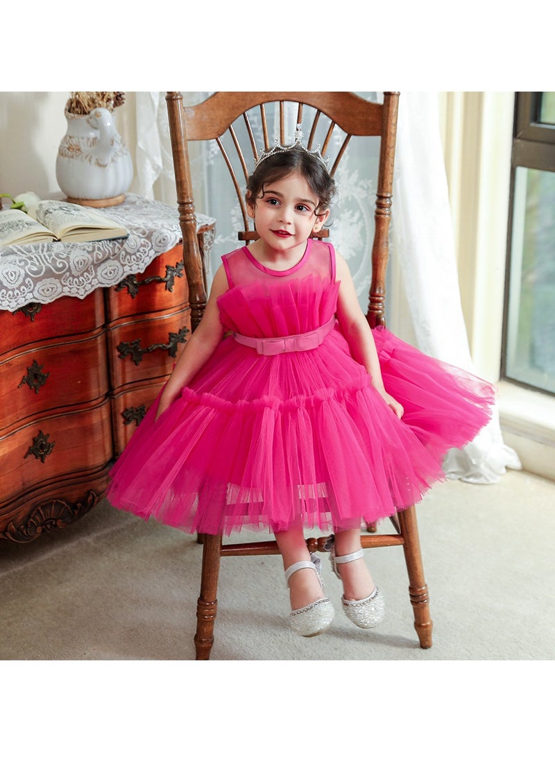 2-3Y Toddler Girl Princess Dress, Pink Sleeveless Pageant Gown with Pleated Bodice and Bow, Elegant Eid Birthday Wedding Outfit for 90cm Baby Girl  - Image 4