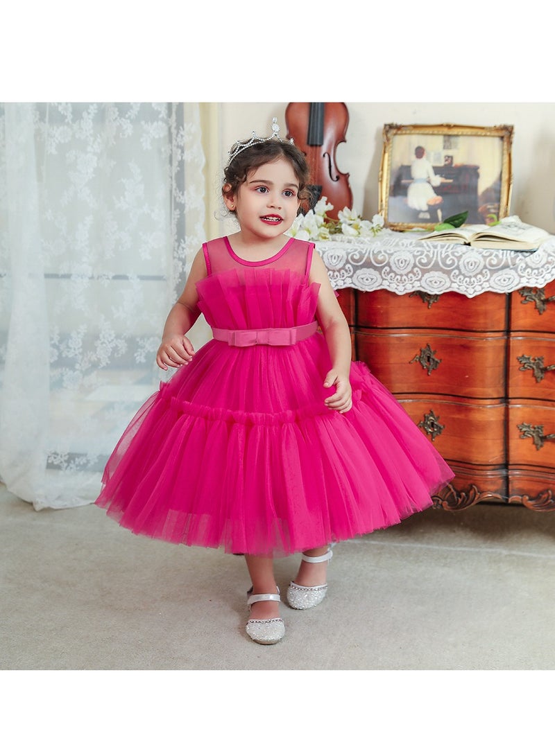 2-3Y Toddler Girl Princess Dress, Pink Sleeveless Pageant Gown with Pleated Bodice and Bow, Elegant Eid Birthday Wedding Outfit for 90cm Baby Girl  - Image 1