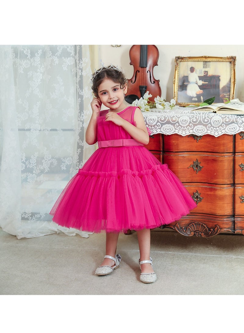 2-3Y Toddler Girl Princess Dress, Pink Sleeveless Pageant Gown with Pleated Bodice and Bow, Elegant Eid Birthday Wedding Outfit for 90cm Baby Girl  - Image 2