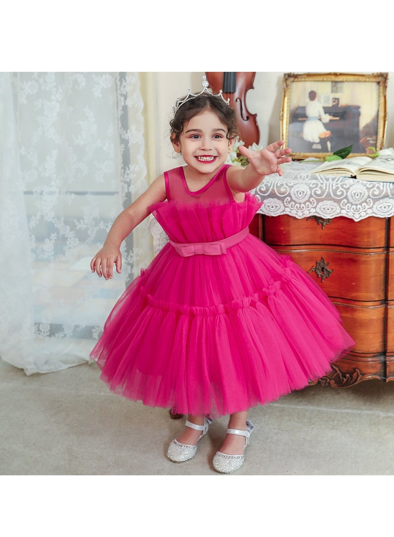 2-3Y Toddler Girl Princess Dress, Pink Sleeveless Pageant Gown with Pleated Bodice and Bow, Elegant Eid Birthday Wedding Outfit for 90cm Baby Girl  - Image 3
