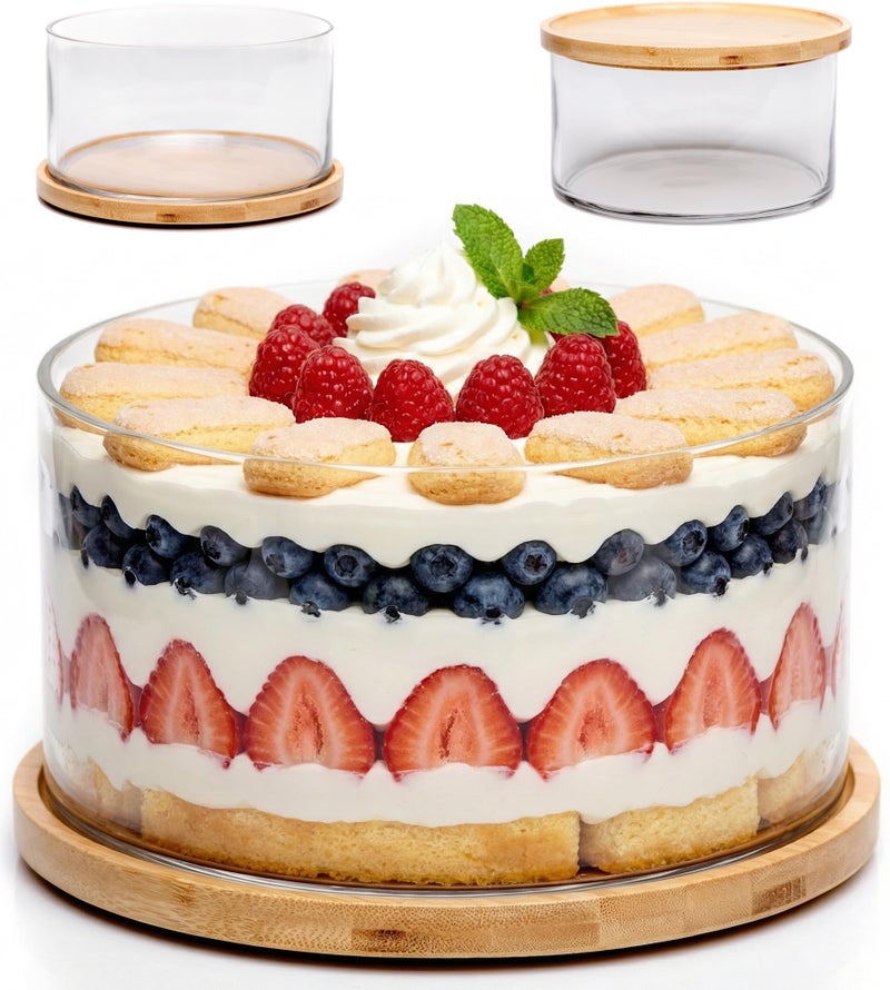 25DOL XXL Extra Large 10 inch Clear Glass Salad Bowl Dishã€Hand Blownã€‘ Dual Function Bamboo Lid - Mixing Bowl for Salads, Dessert, Fruit, Punch - Centerpiece Large Serving Bowls - Airtight Lid - Image 1