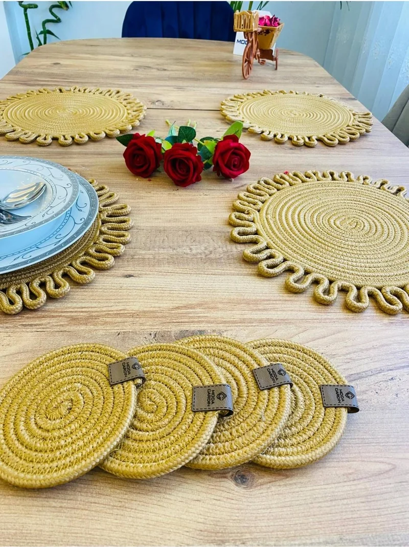 BDZ Deri BDZ Leather Wicker Jute Presentation Plate Mat American Service and Coasters 8 Pieces