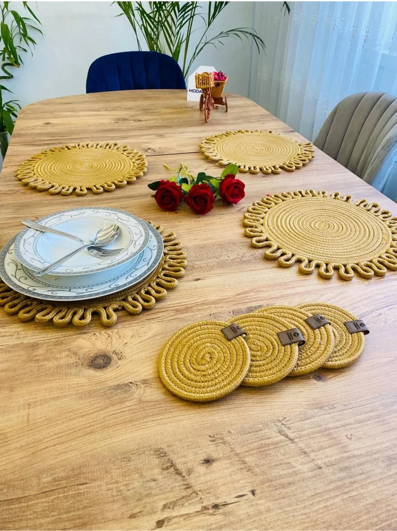 BDZ Deri BDZ Leather Wicker Jute Presentation Plate Mat American Service and Coasters 8 Pieces