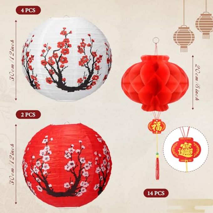 Fumete 20 Pcs 12" Chinese Japanese Paper Lanterns and 8" Red Lanterns Hibachi Party Decorations Cherry Blossom Japanese Home Restaurant Hanging Decorations Asian Theme Party Supplies(Red, White) - Image 5
