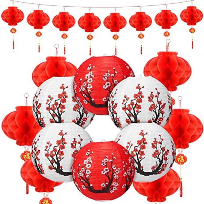 Fumete 20 Pcs 12" Chinese Japanese Paper Lanterns and 8" Red Lanterns Hibachi Party Decorations Cherry Blossom Japanese Home Restaurant Hanging Decorations Asian Theme Party Supplies(Red, White) - Image 1
