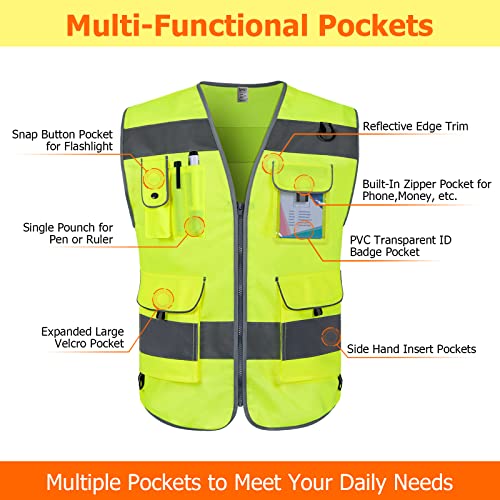 TCCFCCT High Visibility Safety Vest for Men Women 9 Pockets Hi Vis Reflective Vest for Safety, Work Vest with Reflective Strips, Meets ANSI/ISEA Standards, (Yellow, 5X-Large) - Image 3