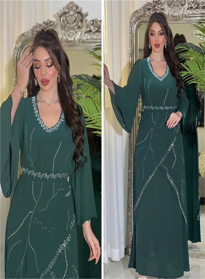 Loquat Long Sleeved Chiffon Jumpsuit Jalabiya  Musilm Blackish Green  - Image 2