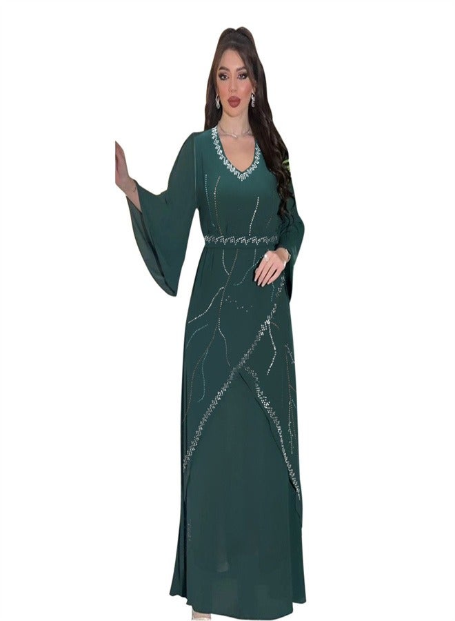 Loquat Long Sleeved Chiffon Jumpsuit Jalabiya  Musilm Blackish Green  - Image 3