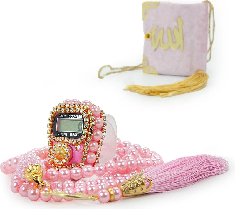 İhvan Ihvan Pearl Tasbih Stoned Chanting Machine and Mini Velvet Quran Set Mevlut Gift - Pink
