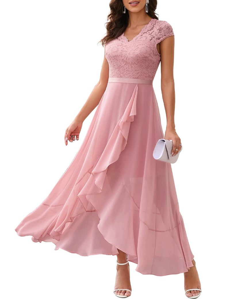 Bbonlinedress Women's V-Neck Hi-Lo Bridesmaid Dress Floral Lace Flowy Ruffled Cocktail Prom Party Formal Wedding Guest Dress Blush S - Image 3