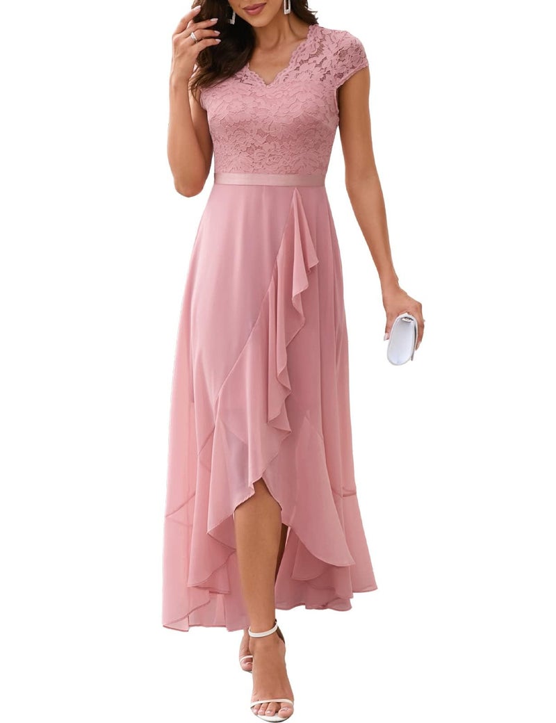 Bbonlinedress Women's V-Neck Hi-Lo Bridesmaid Dress Floral Lace Flowy Ruffled Cocktail Prom Party Formal Wedding Guest Dress Blush S - Image 5