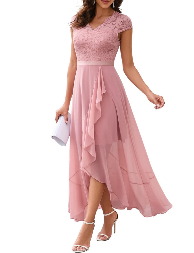 Bbonlinedress Women's V-Neck Hi-Lo Bridesmaid Dress Floral Lace Flowy Ruffled Cocktail Prom Party Formal Wedding Guest Dress Blush S - Image 4