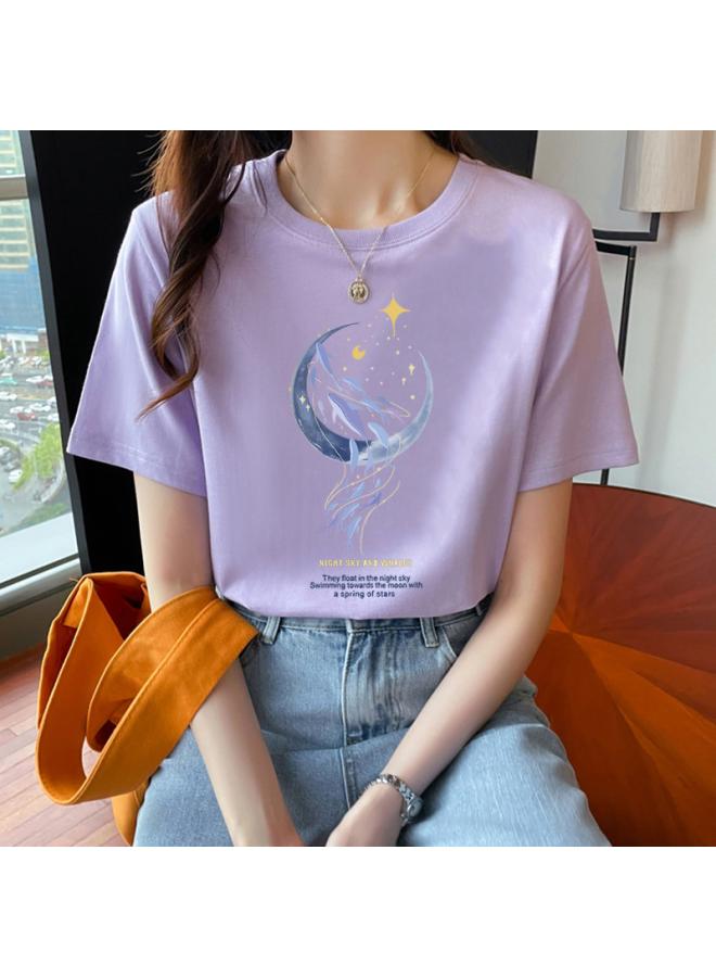 Song Feng Ya Loose Cotton Short-sleeved T-shirt Women's Summer New Style Beautiful Top Design Sense Printed Sweatshirt Women's Round Neck Spring And Autumn 