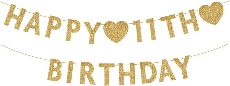 MAGJUCHE Gold Happy 11th Birthday Banner Glitter 11 Years Old Boy or Girl Party Decorations Supplies - Image 1