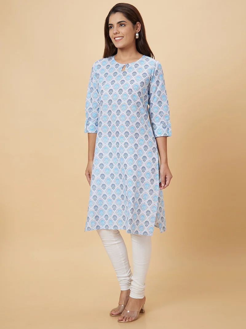 globus Women Floral Printed Keyhole Neck Kurta